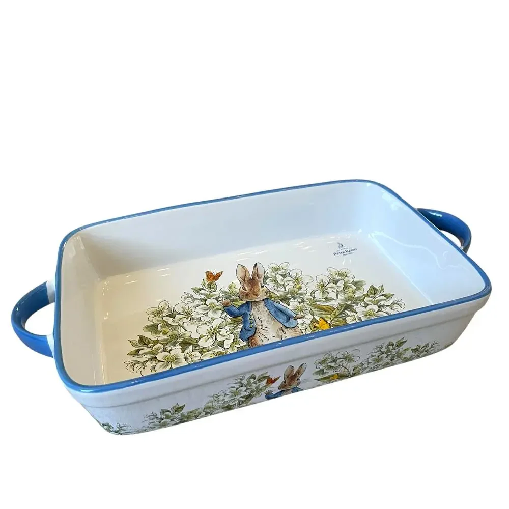 Beatrix Potter Peter Rabbit Rectangular Ceramic Baker Blue Rim Easter  NEW
